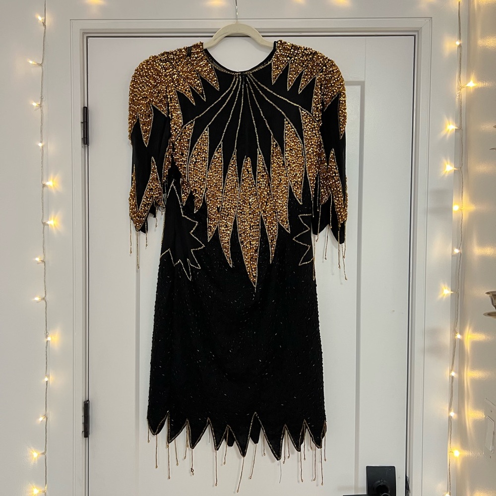 VTG 80's Heavily Beaded Silk Black and Gold Dress